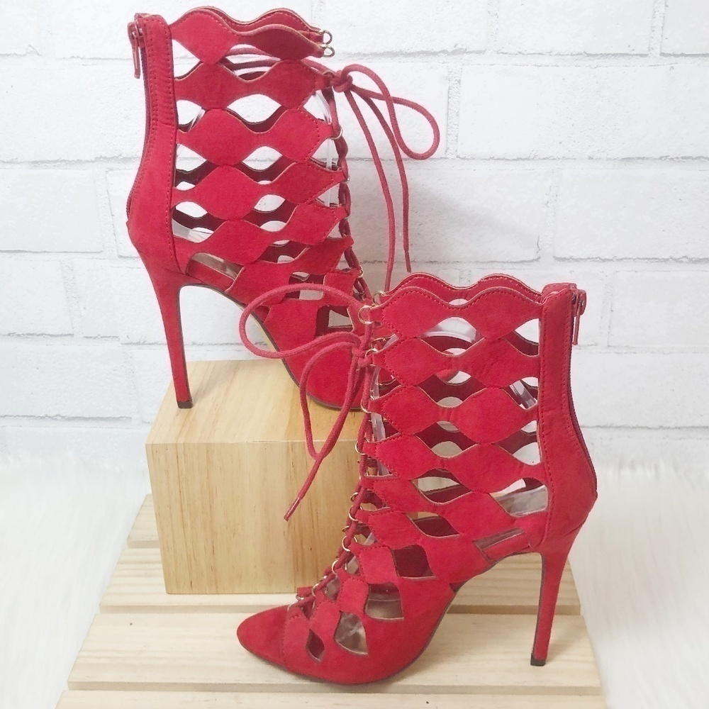 Liliana Red Cage Stiletto‎ Laser Cut Lace Up Heels Open Toe Pumps Back Zipper